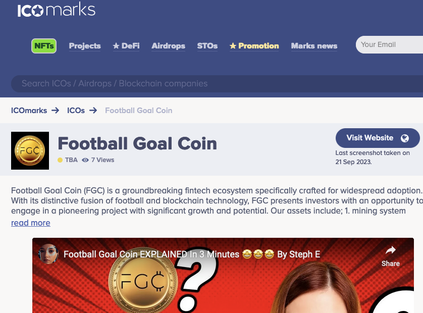 Football Goal Coin’s ICO is now listed on ICO Marks